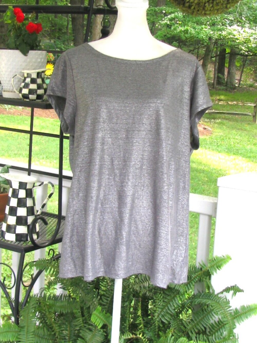 Eileen Fisher Silver Metallic organic linen luxury top shirt Large blouse style